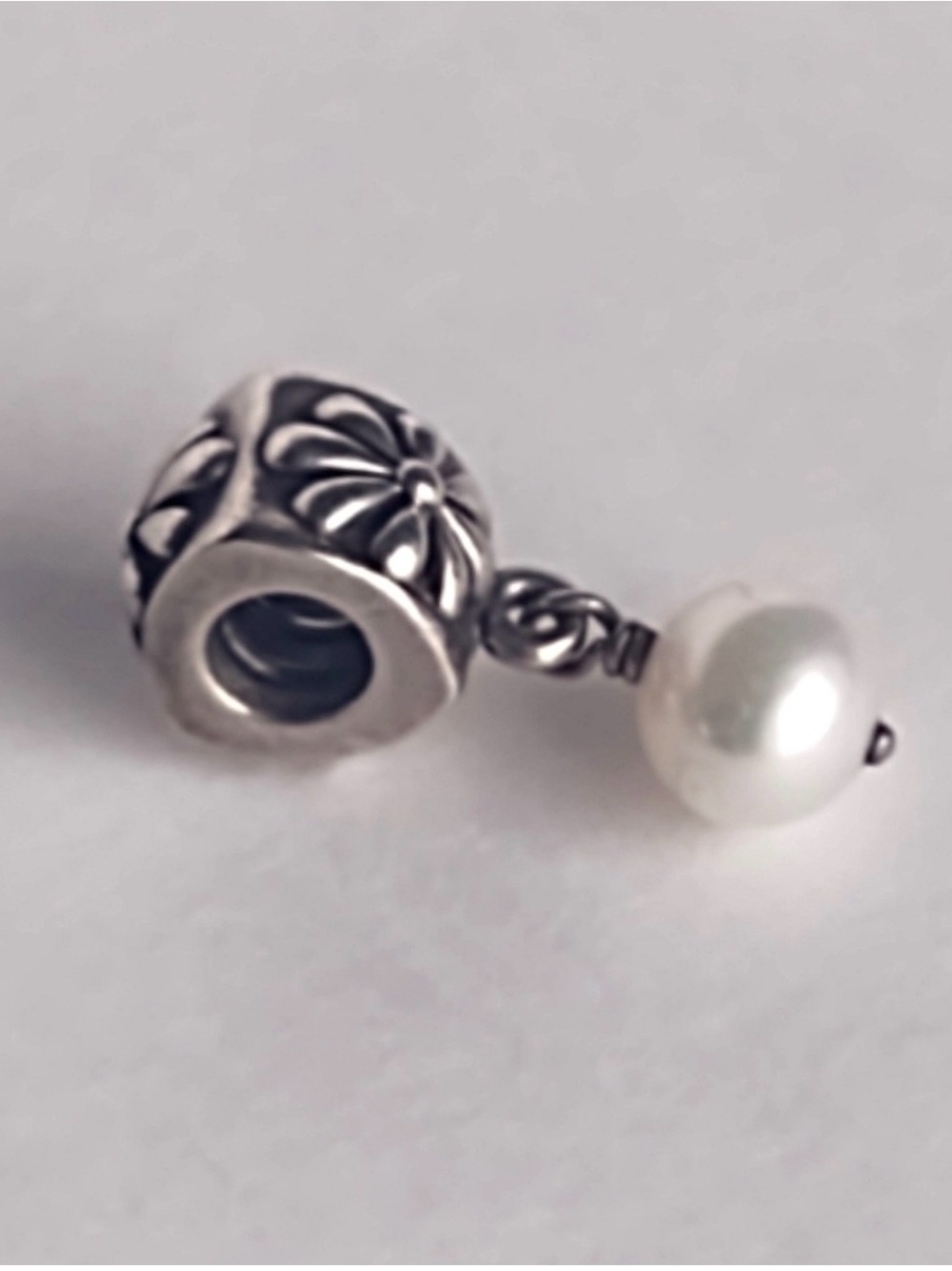 Pandora silver flower with pearl dangle charm